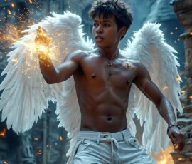 AI-generated wizards of the lion house — handsome shirtless mages of the wizard academy conjuring great white lions in cinematic UHD fantasy art.