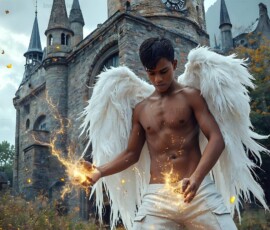 AI-generated wizards of the lion house — handsome shirtless mages of the wizard academy conjuring great white lions in cinematic UHD fantasy art.