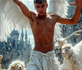 AI-generated wizards of the lion house — handsome shirtless mages of the wizard academy conjuring great white lions in cinematic UHD fantasy art.