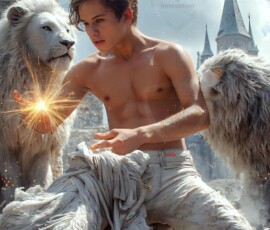 AI-generated wizards of the lion house — handsome shirtless mages of the wizard academy conjuring great white lions in cinematic UHD fantasy art.