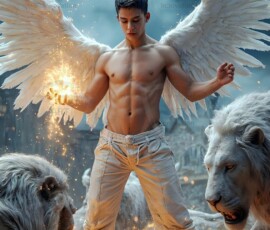 AI-generated wizards of the lion house — handsome shirtless mages of the wizard academy conjuring great white lions in cinematic UHD fantasy art.