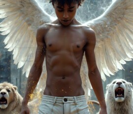 AI-generated wizards of the lion house — handsome shirtless mages of the wizard academy conjuring great white lions in cinematic UHD fantasy art.