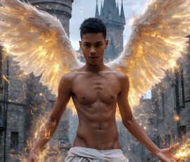 AI-generated wizards of the lion house — handsome shirtless mages of the wizard academy conjuring great white lions in cinematic UHD fantasy art.