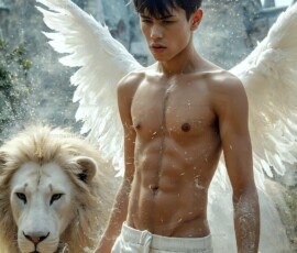 AI-generated wizards of the lion house — handsome shirtless mages of the wizard academy conjuring great white lions in cinematic UHD fantasy art.
