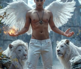 AI-generated wizards of the lion house — handsome shirtless mages of the wizard academy conjuring great white lions in cinematic UHD fantasy art.