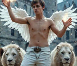 AI-generated wizards of the lion house — handsome shirtless mages of the wizard academy conjuring great white lions in cinematic UHD fantasy art.