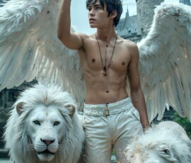 AI-generated wizards of the lion house — handsome shirtless mages of the wizard academy conjuring great white lions in cinematic UHD fantasy art.