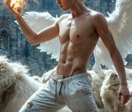 AI-generated wizards of the lion house — handsome shirtless mages of the wizard academy conjuring great white lions in cinematic UHD fantasy art.