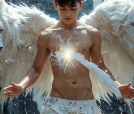 AI-generated wizards of the lion house — handsome shirtless mages of the wizard academy conjuring great white lions in cinematic UHD fantasy art.