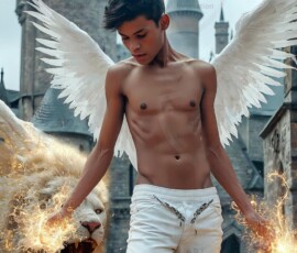 AI-generated wizards of the lion house — handsome shirtless mages of the wizard academy conjuring great white lions in cinematic UHD fantasy art.