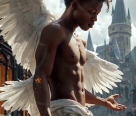 AI-generated wizards of the lion house — handsome shirtless mages of the wizard academy conjuring great white lions in cinematic UHD fantasy art.
