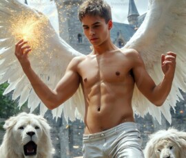 AI-generated wizards of the lion house — handsome shirtless mages of the wizard academy conjuring great white lions in cinematic UHD fantasy art.