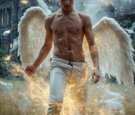 AI-generated wizards of the lion house — handsome shirtless mages of the wizard academy conjuring great white lions in cinematic UHD fantasy art.