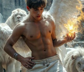 AI-generated wizards of the lion house — handsome shirtless mages of the wizard academy conjuring great white lions in cinematic UHD fantasy art.