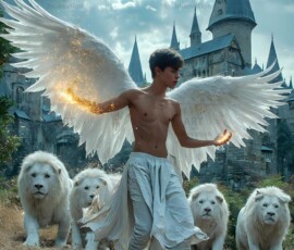 AI-generated wizards of the lion house — handsome shirtless mages of the wizard academy conjuring great white lions in cinematic UHD fantasy art.