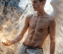 AI-generated wizards of the lion house — handsome shirtless mages of the wizard academy conjuring great white lions in cinematic UHD fantasy art.