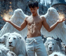 AI-generated wizards of the lion house — handsome shirtless mages of the wizard academy conjuring great white lions in cinematic UHD fantasy art.