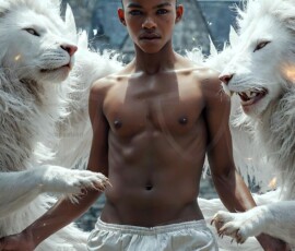 AI-generated wizards of the lion house — handsome shirtless mages of the wizard academy conjuring great white lions in cinematic UHD fantasy art.