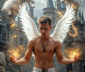 AI-generated wizards of the lion house — handsome shirtless mages of the wizard academy conjuring great white lions in cinematic UHD fantasy art.