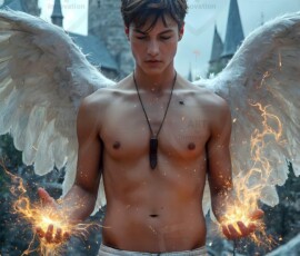 AI-generated wizards of the lion house — handsome shirtless mages of the wizard academy conjuring great white lions in cinematic UHD fantasy art.