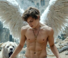AI-generated wizards of the lion house — handsome shirtless mages of the wizard academy conjuring great white lions in cinematic UHD fantasy art.