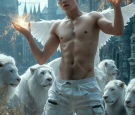 AI-generated wizards of the lion house — handsome shirtless mages of the wizard academy conjuring great white lions in cinematic UHD fantasy art.