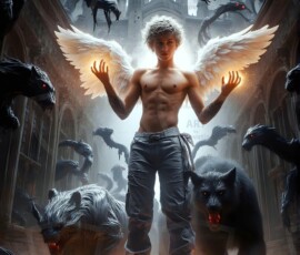 AI-generated wizards of the lion house — handsome shirtless mages of the wizard academy conjuring great white lions in cinematic UHD fantasy art.