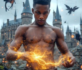 AI-generated wizards of the lion house — handsome shirtless mages of the wizard academy conjuring great white lions in cinematic UHD fantasy art.