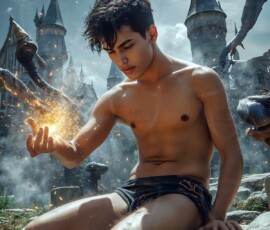 AI-generated wizards of the lion house — handsome shirtless mages of the wizard academy conjuring great white lions in cinematic UHD fantasy art.