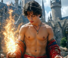 AI-generated wizards of the lion house — handsome shirtless mages of the wizard academy conjuring great white lions in cinematic UHD fantasy art.