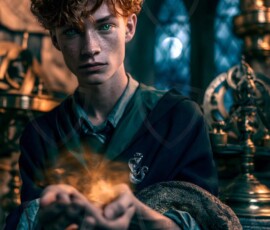 AI-generated wizards of the serpent house handsome shirtless mages of the wizard academy conjuring demonic snakes in dark cinematic UHD fantasy art.