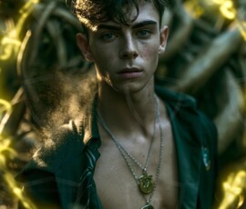 AI-generated wizards of the serpent house handsome shirtless mages of the wizard academy conjuring demonic snakes in dark cinematic UHD fantasy art.