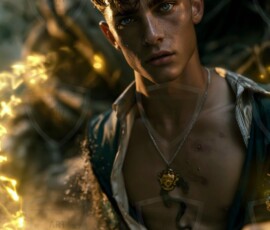 AI-generated wizards of the serpent house handsome shirtless mages of the wizard academy conjuring demonic snakes in dark cinematic UHD fantasy art.