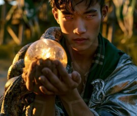 AI-generated wizards of the serpent house handsome shirtless mages of the wizard academy conjuring demonic snakes in dark cinematic UHD fantasy art.