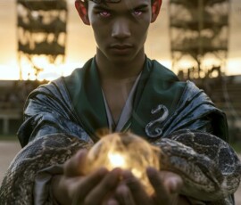 AI-generated wizards of the serpent house handsome shirtless mages of the wizard academy conjuring demonic snakes in dark cinematic UHD fantasy art.
