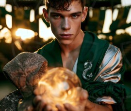 AI-generated wizards of the serpent house handsome shirtless mages of the wizard academy conjuring demonic snakes in dark cinematic UHD fantasy art.