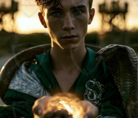 AI-generated wizards of the serpent house handsome shirtless mages of the wizard academy conjuring demonic snakes in dark cinematic UHD fantasy art.