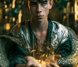 AI-generated wizards of the serpent house handsome shirtless mages of the wizard academy conjuring demonic snakes in dark cinematic UHD fantasy art.