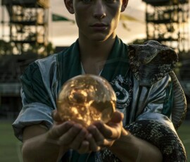 AI-generated wizards of the serpent house handsome shirtless mages of the wizard academy conjuring demonic snakes in dark cinematic UHD fantasy art.