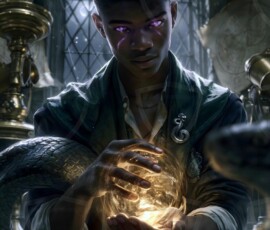 AI-generated wizards of the serpent house — handsome shirtless mages of the wizard academy conjuring demonic snakes in dark cinematic UHD fantasy art.