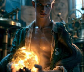 AI-generated wizards of the serpent house handsome shirtless mages of the wizard academy conjuring demonic snakes in dark cinematic UHD fantasy art.