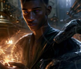 AI-generated wizards of the serpent house — handsome shirtless mages of the wizard academy conjuring demonic snakes in dark cinematic UHD fantasy art.