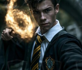 AI-generated wizards of the serpent house handsome shirtless mages of the wizard academy conjuring demonic snakes in dark cinematic UHD fantasy art.