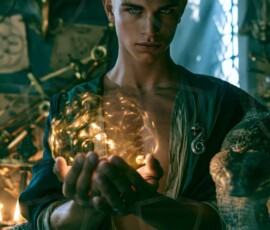 AI-generated wizards of the serpent house handsome shirtless mages of the wizard academy conjuring demonic snakes in dark cinematic UHD fantasy art.