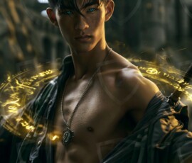 AI-generated wizards of the serpent house handsome shirtless mages of the wizard academy conjuring demonic snakes in dark cinematic UHD fantasy art.