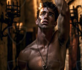 AI-generated wizards of the serpent house handsome shirtless mages of the wizard academy conjuring demonic snakes in dark cinematic UHD fantasy art.