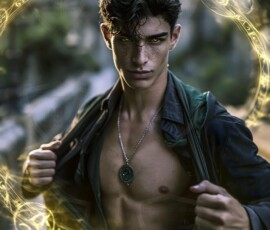 AI-generated wizards of the serpent house handsome shirtless mages of the wizard academy conjuring demonic snakes in dark cinematic UHD fantasy art.