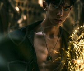 AI-generated wizards of the serpent house handsome shirtless mages of the wizard academy conjuring demonic snakes in dark cinematic UHD fantasy art.