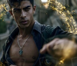 AI-generated wizards of the serpent house handsome shirtless mages of the wizard academy conjuring demonic snakes in dark cinematic UHD fantasy art.