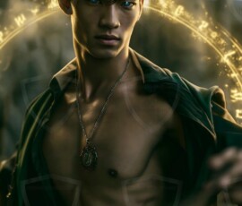 AI-generated wizards of the serpent house handsome shirtless mages of the wizard academy conjuring demonic snakes in dark cinematic UHD fantasy art.